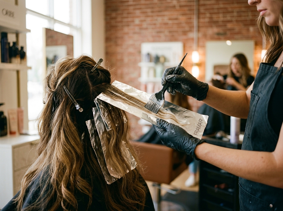 A stylist painting balayage highlights in foils