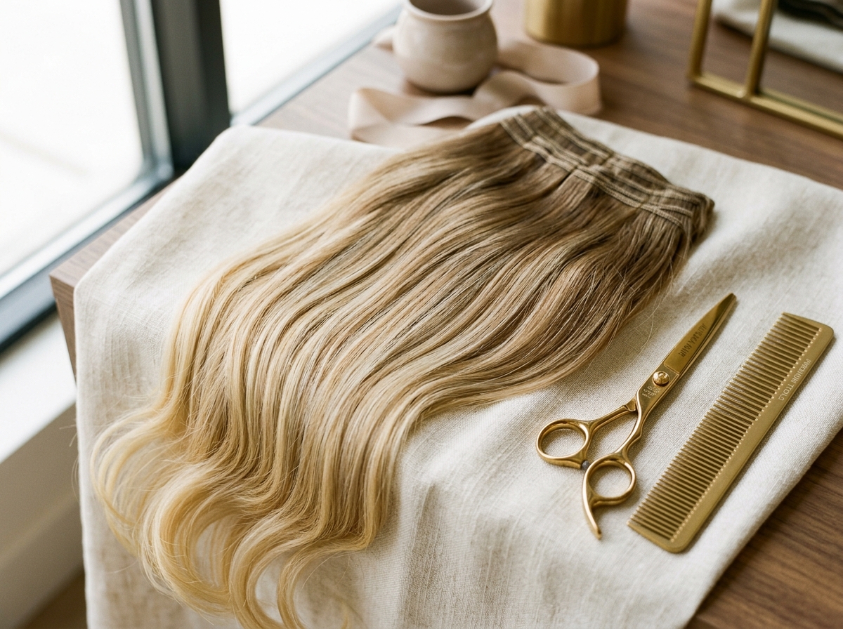Premium blonde extension wefts draped over cream linen