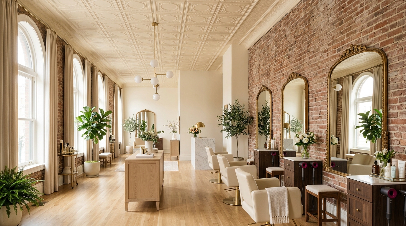 Inside Salon Sucasa: exposed brick, gold mirrors, cream chairs and soft window light
