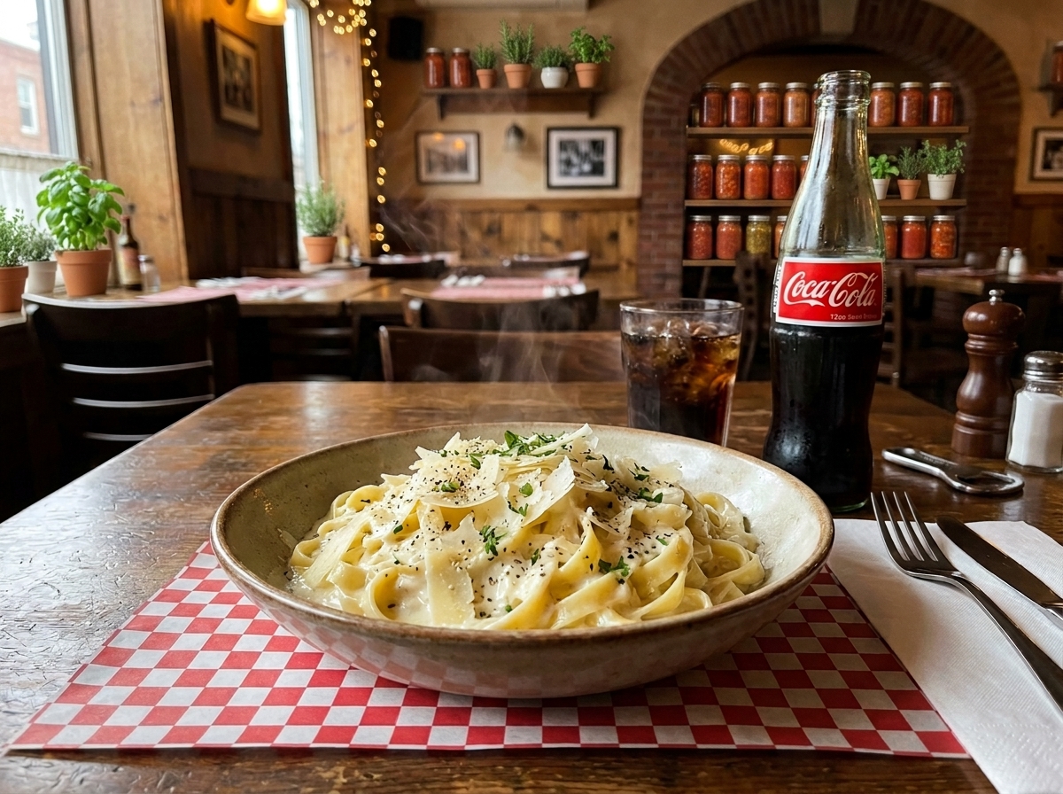 Fettuccine alfredo with a glass-bottle Coke on checkered paper