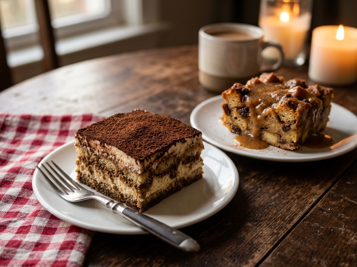 Homemade tiramisu and bread pudding