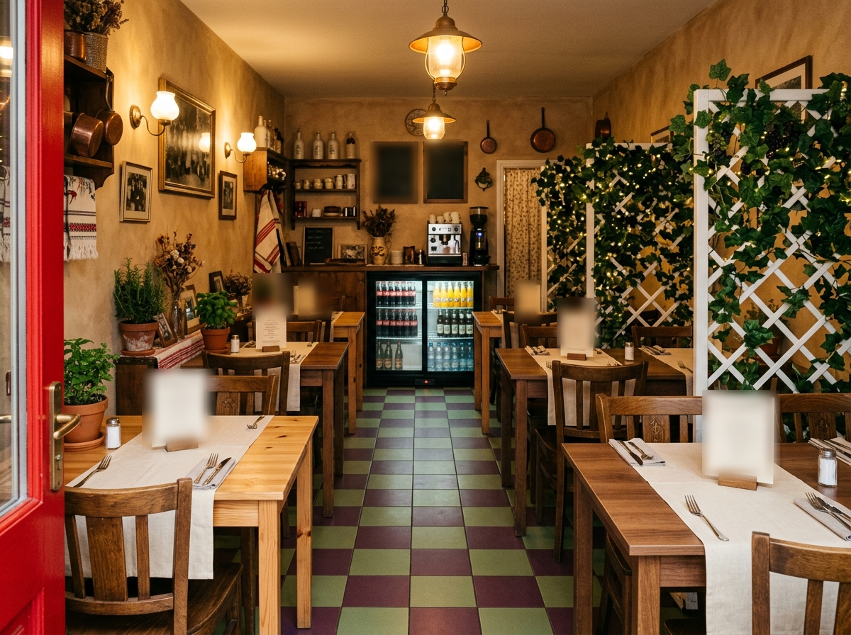 The garden-café dining room: lattice trellis with ivy, red trim, checkerboard floor