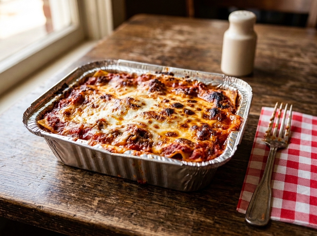 Family-recipe lasagna served bubbling in its aluminum baking pan