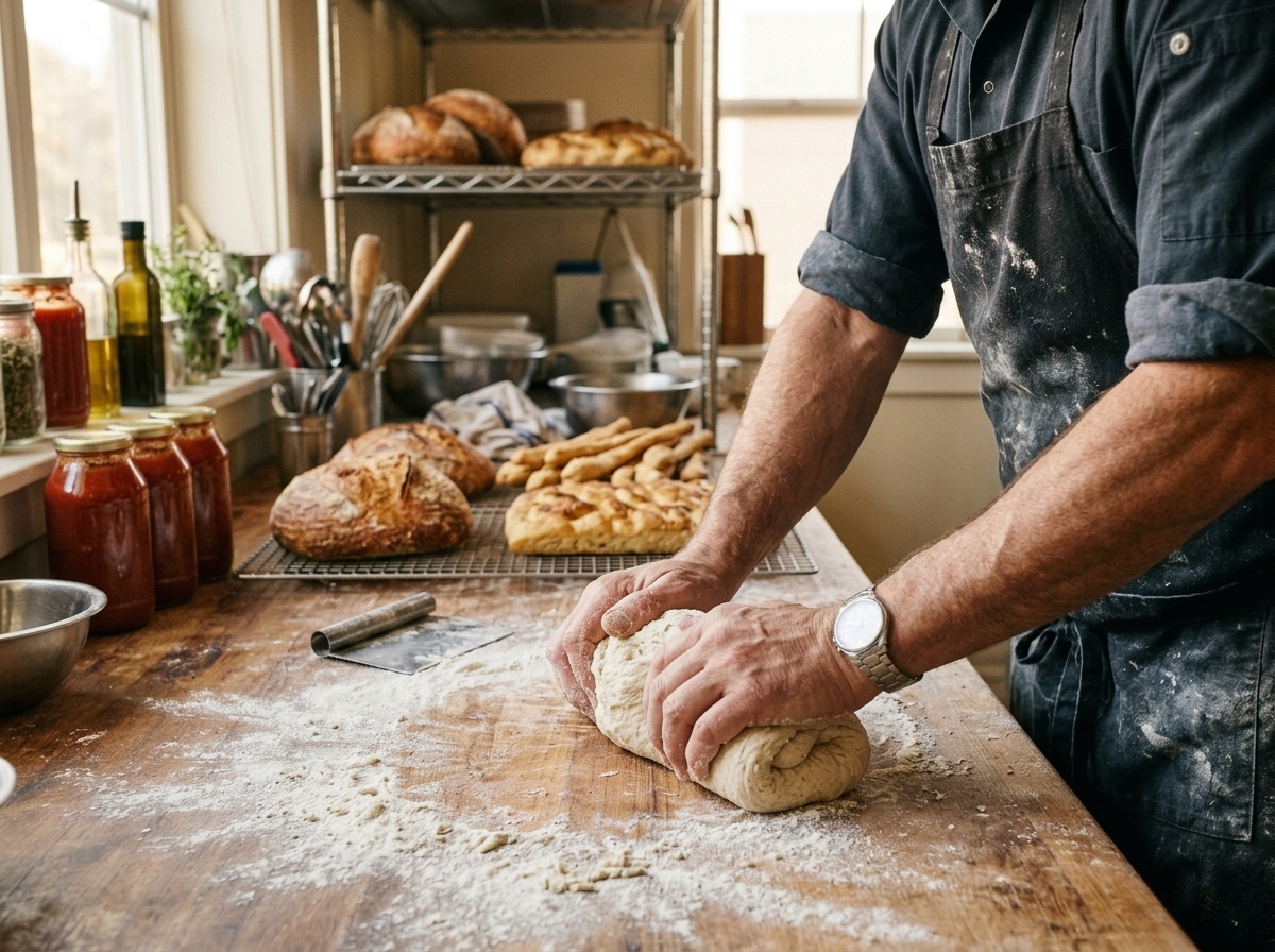 Hands kneading bread dough beside cooling loaves and jars of house-made gravy