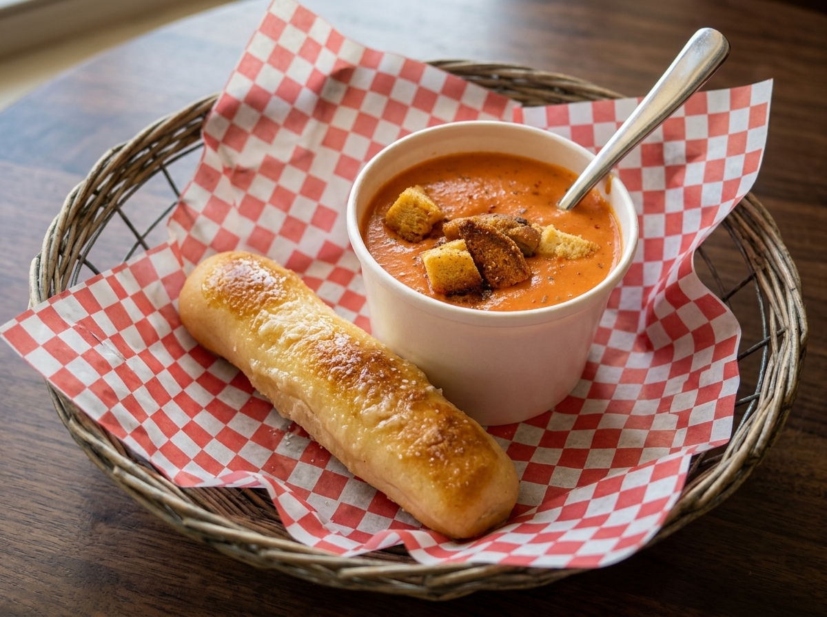 Tomato soup with homemade croutons and a butter-brushed breadstick on checkered paper