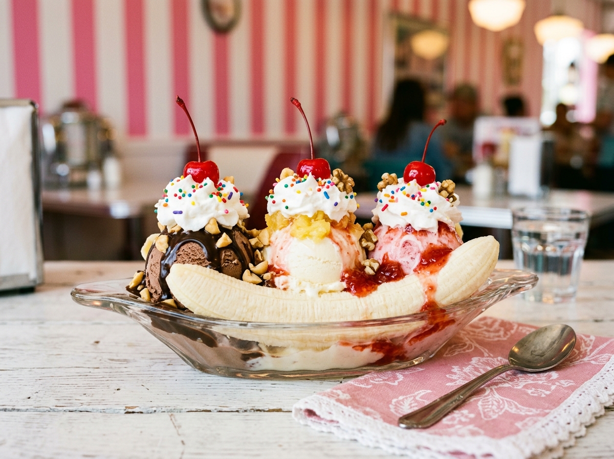 A classic banana split with whipped cream, sprinkles and cherries