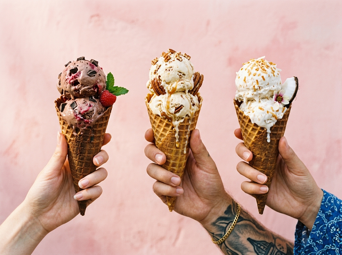 Three waffle cones with colorful scoops of hand-dipped ice cream