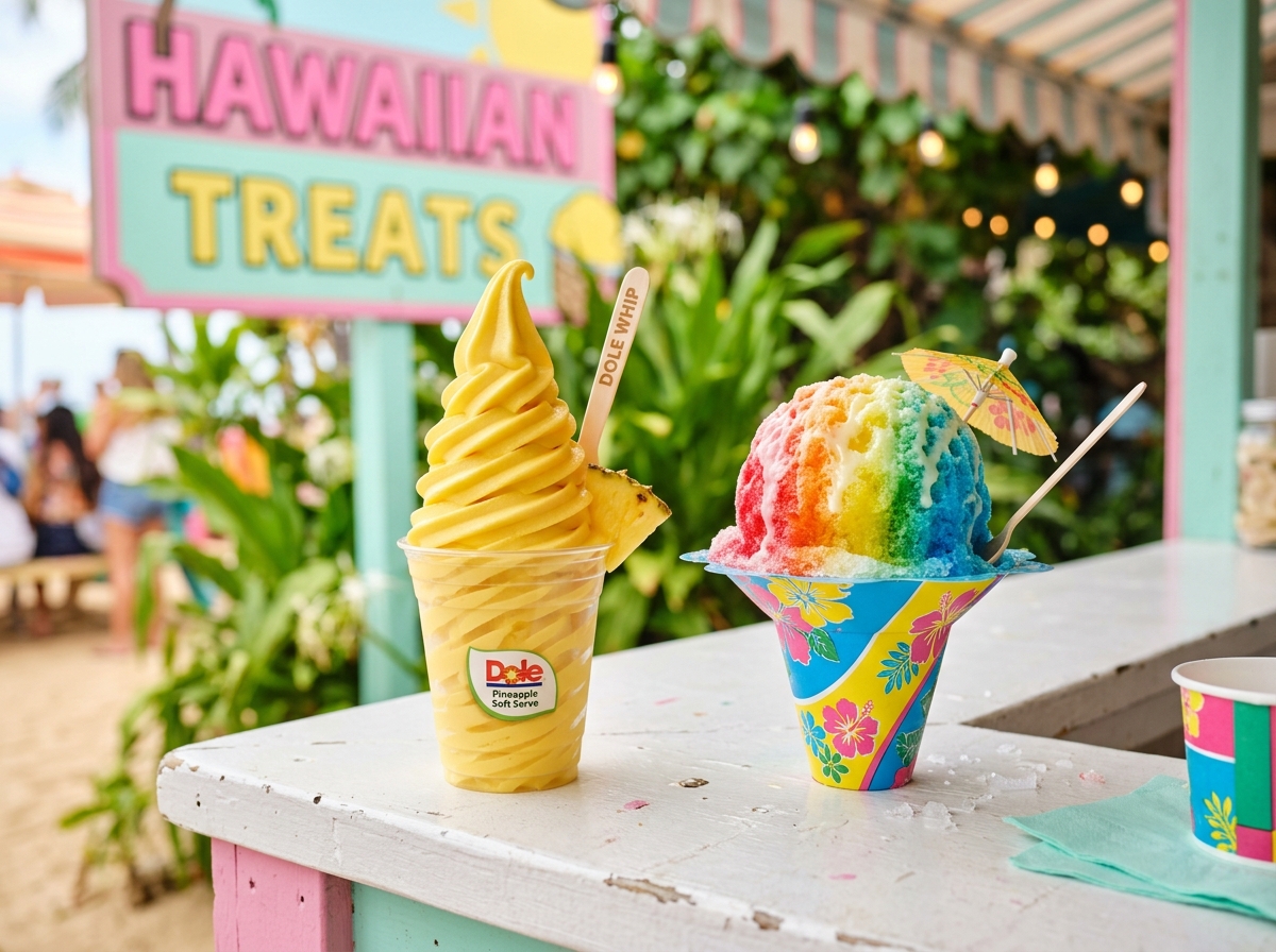 Pineapple Dole Whip swirl beside a rainbow Hawaiian shave ice
