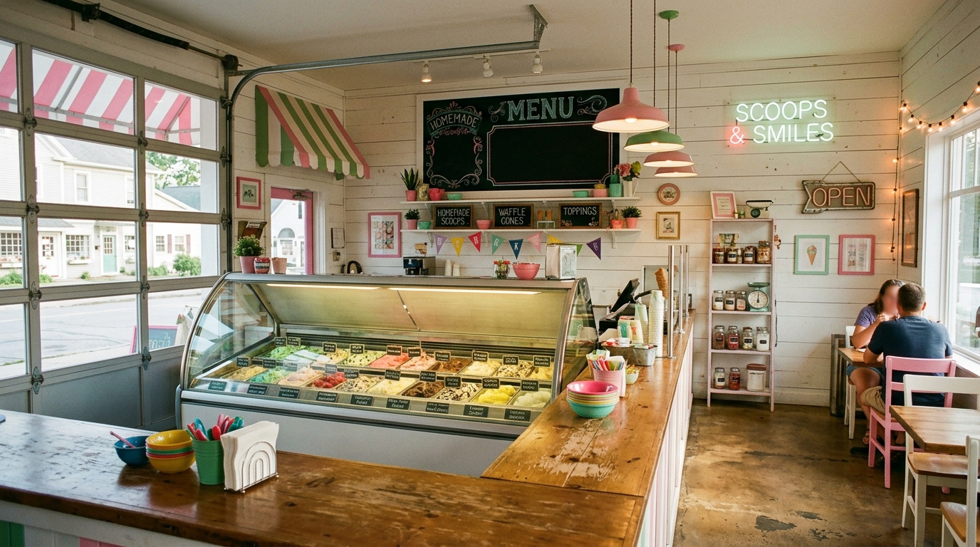 Inside Sweet Sanity: a glass case of colorful hand-dipped ice cream tubs in a cozy pink, green and white parlor
