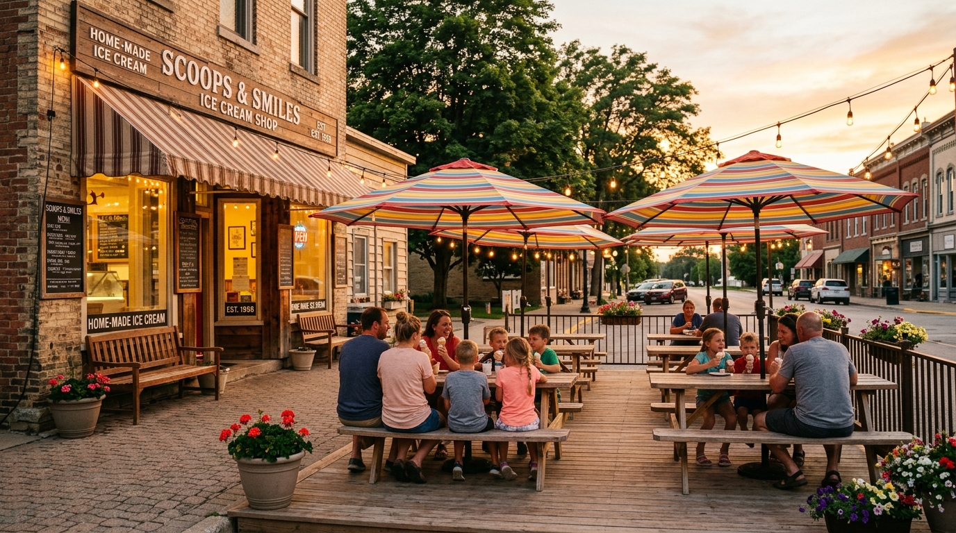 Umbrella-shaded picnic tables outside the ice cream shop on a summer evening