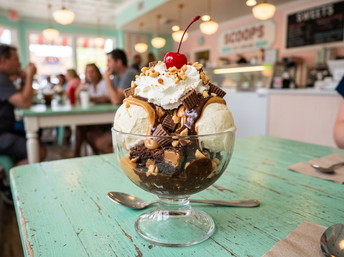 A peanut butter chunk brownie sundae with whipped cream and a cherry