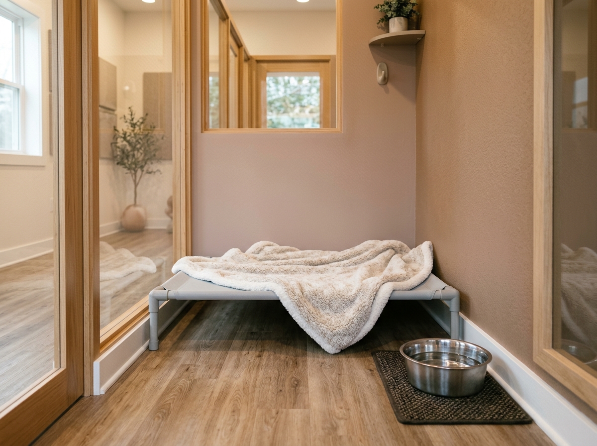 A cozy kennel suite ready for an overnight guest