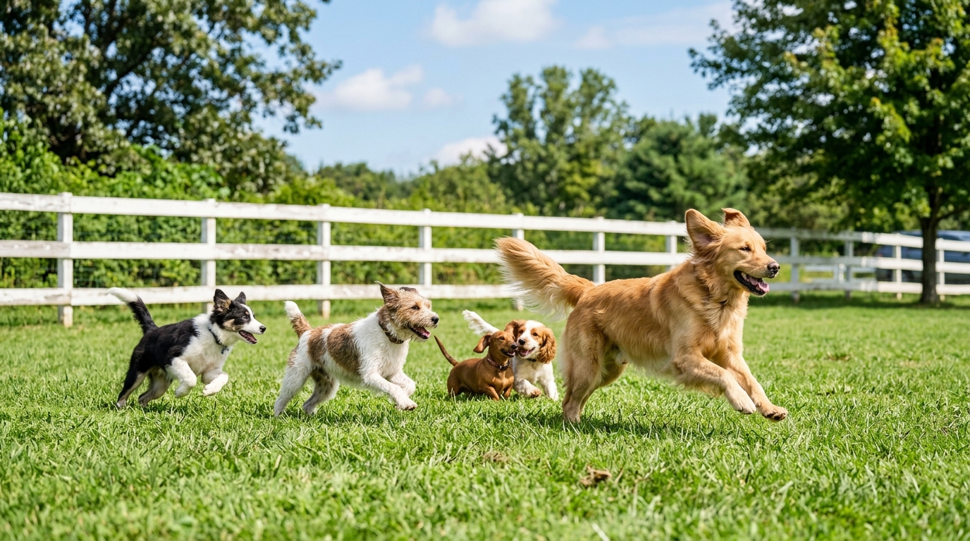Happy dogs playing together on a sunny grass play yard