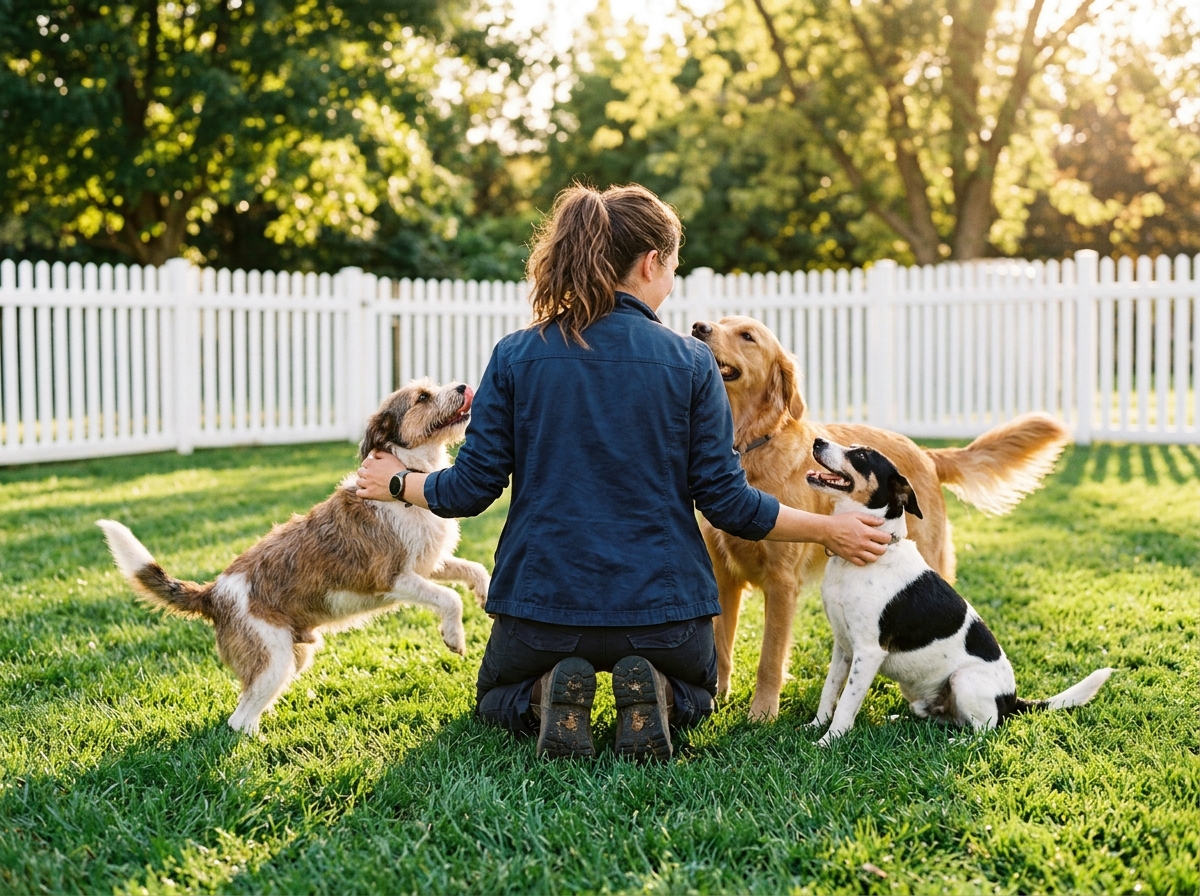 A staff member playing with dogs on the field