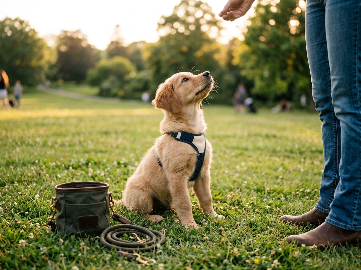 A puppy learning to sit during a training class