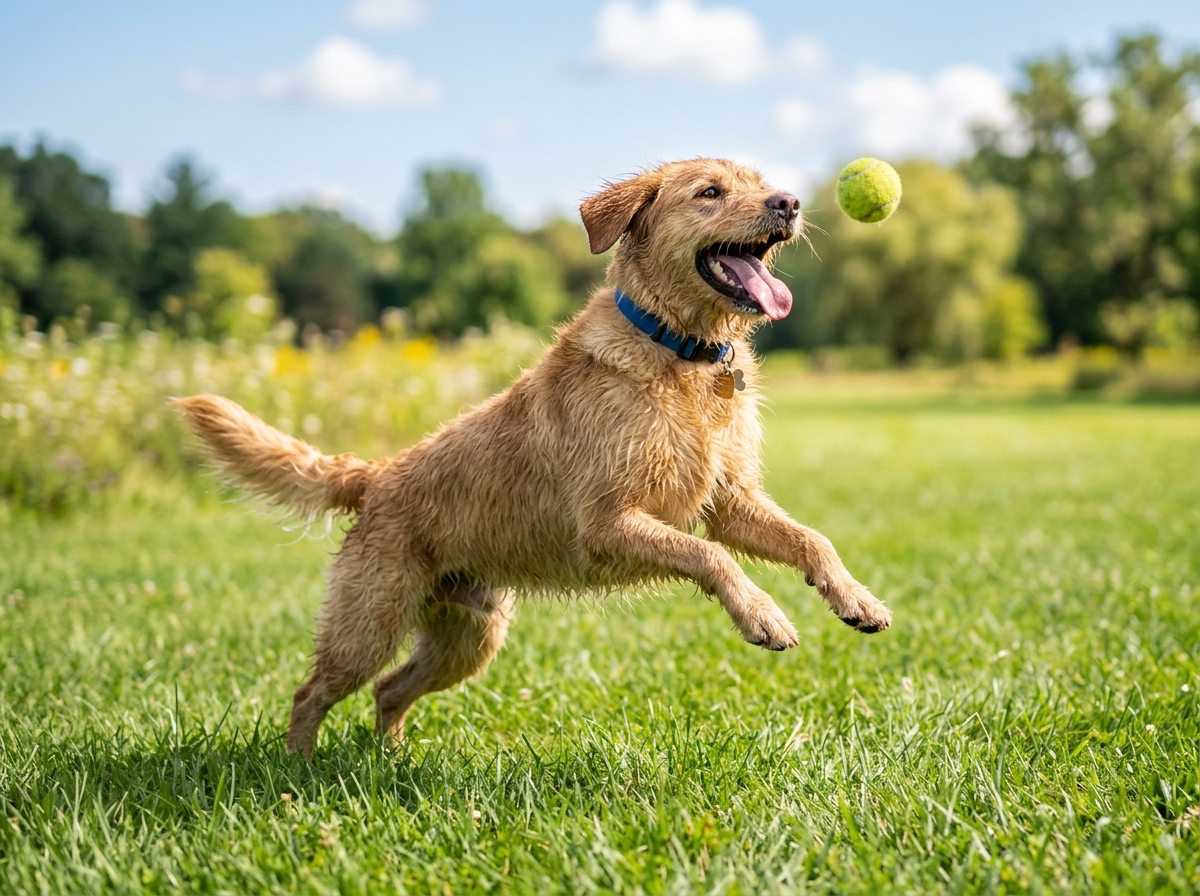 A happy dog mid-play in the yard