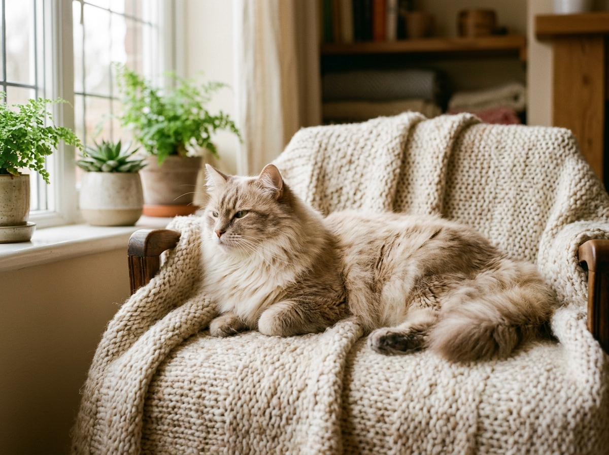 A cat lounging contentedly after grooming