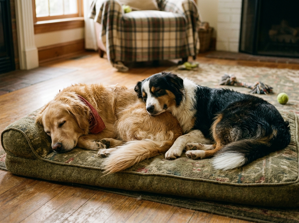 Dogs resting together after a big play session