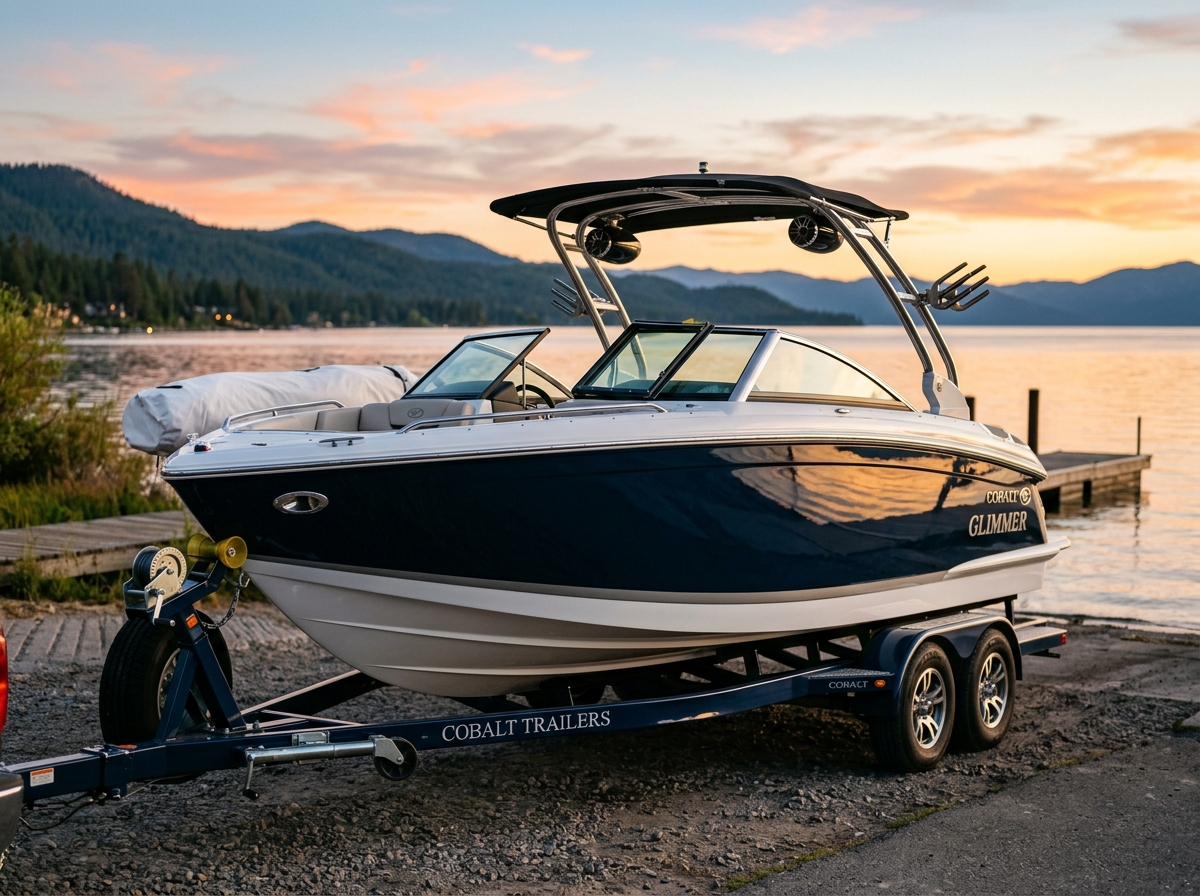 A gleaming freshly detailed speedboat on its trailer at golden hour