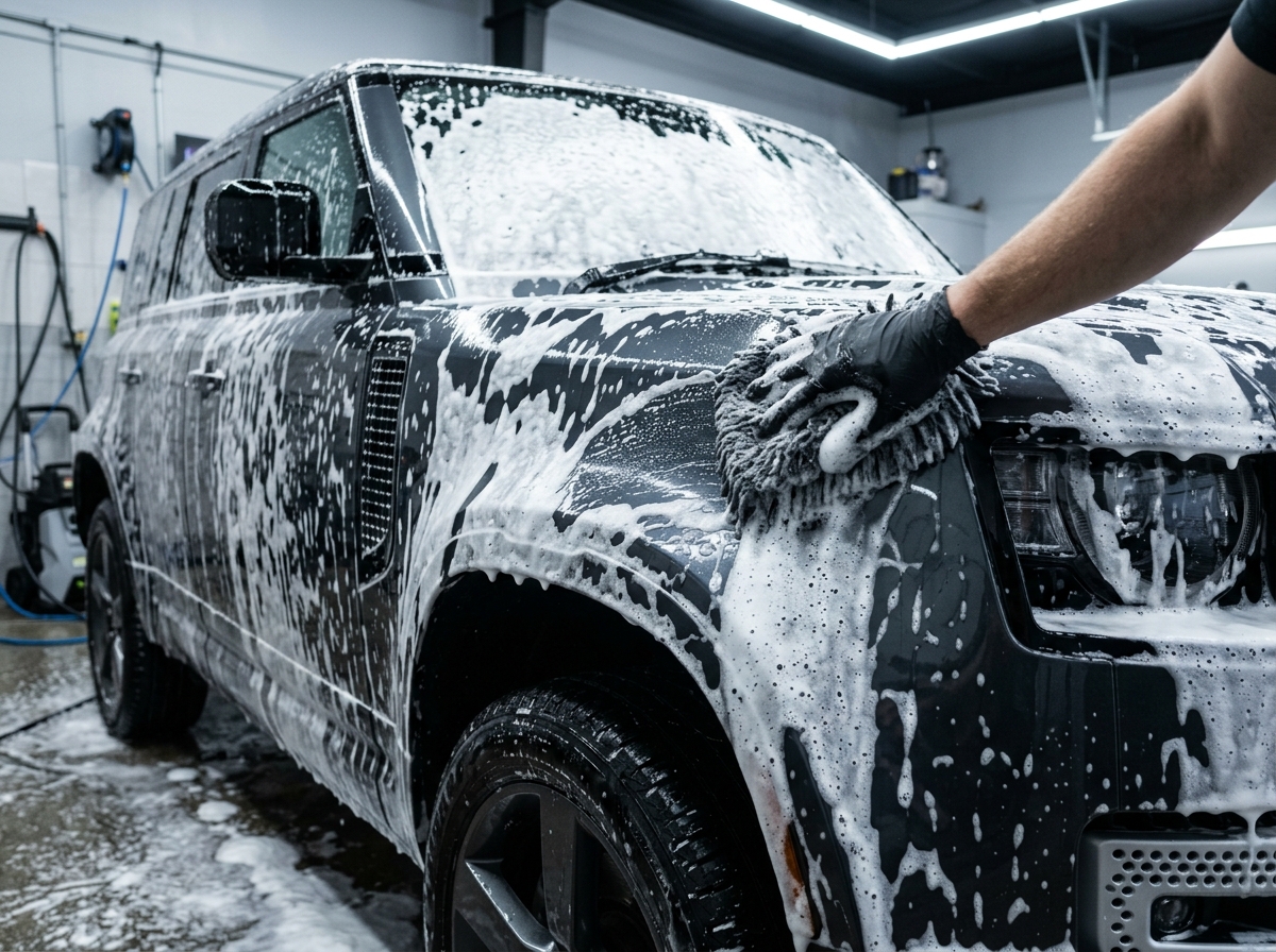 Thick foam wash cascading over a dark SUV