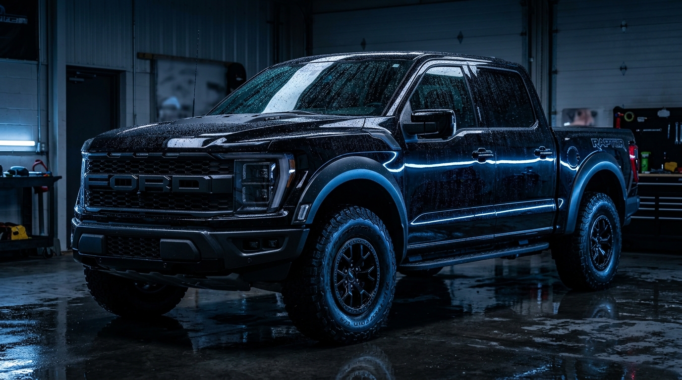 A freshly detailed black pickup with mirror gloss and water beading under cool blue light