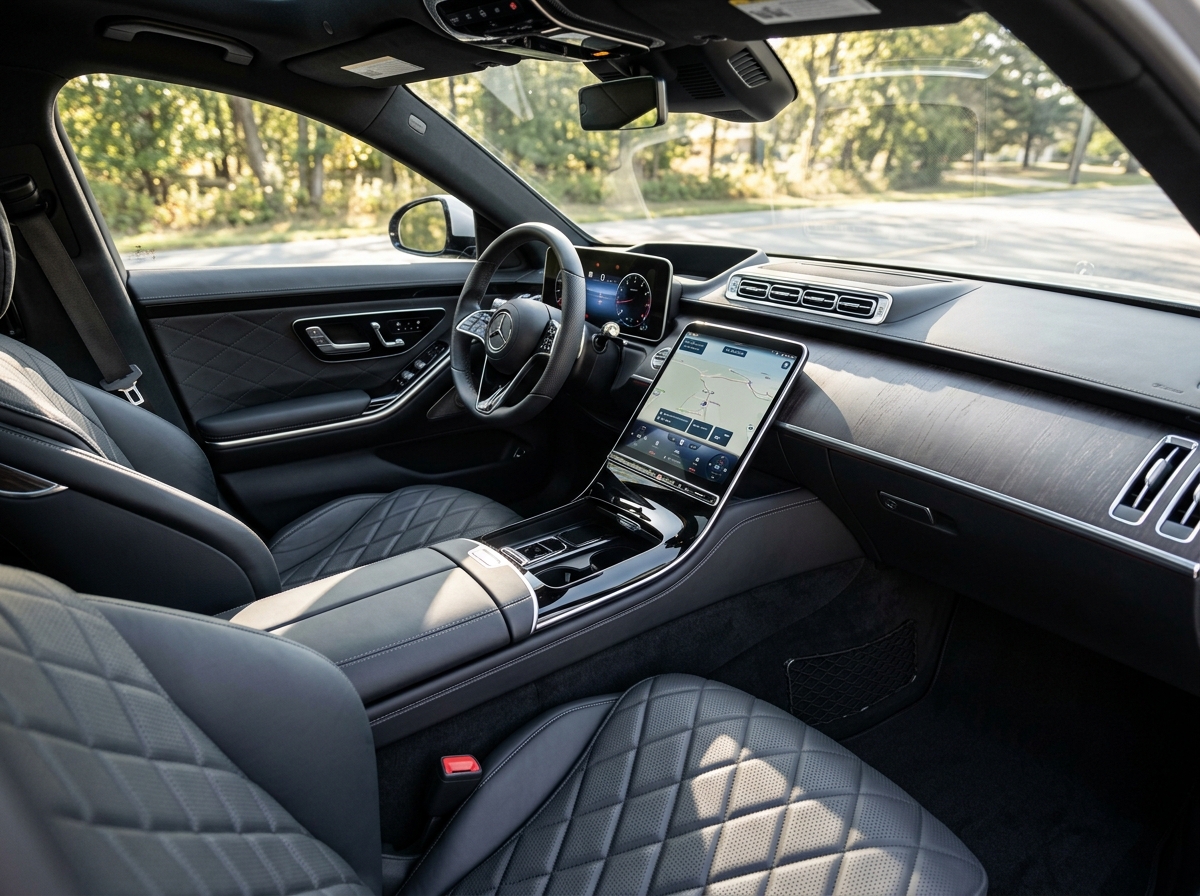 A spotless detailed black leather interior in sunlight