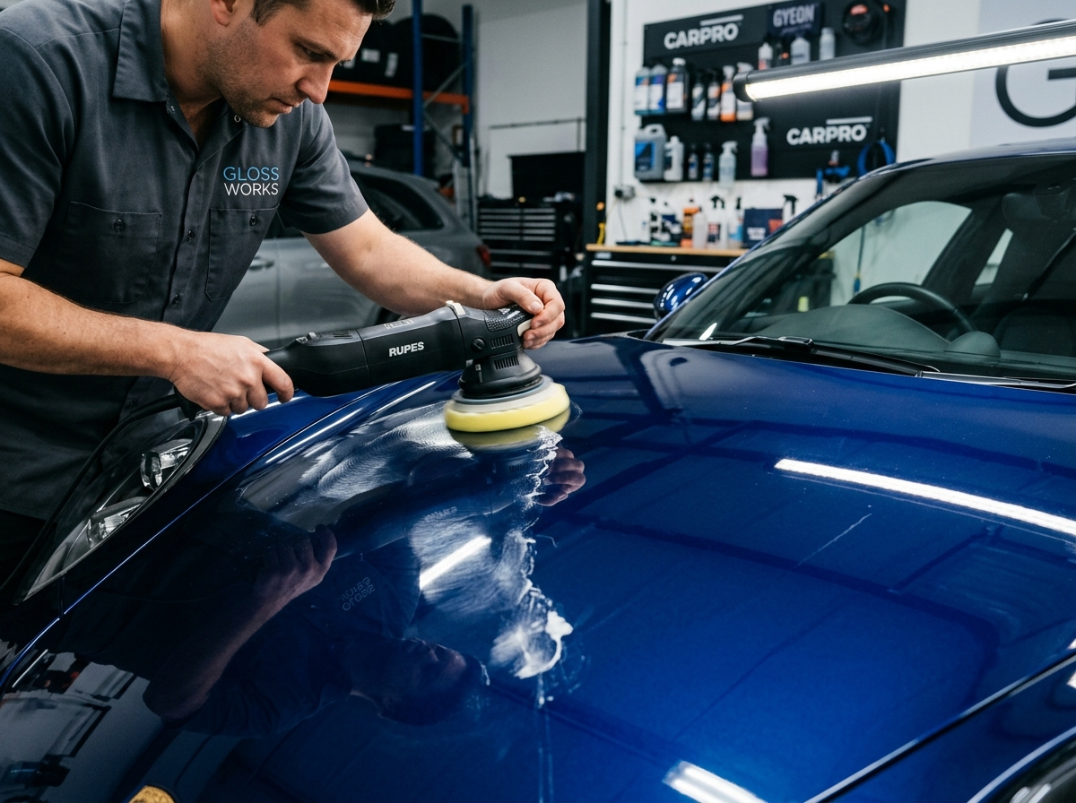 A machine polisher bringing deep blue paint to a flawless shine
