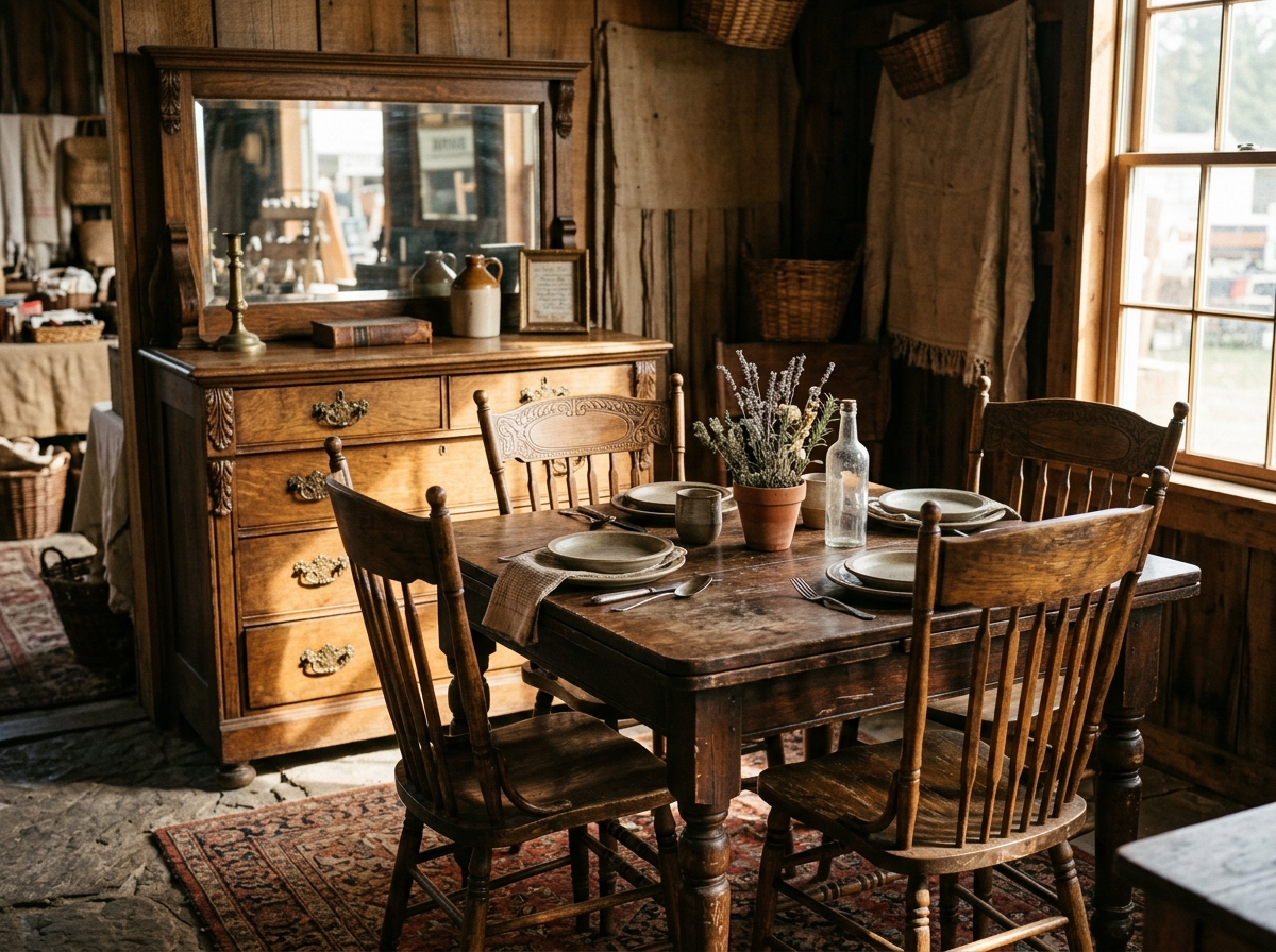 Antique oak furniture in a dealer booth
