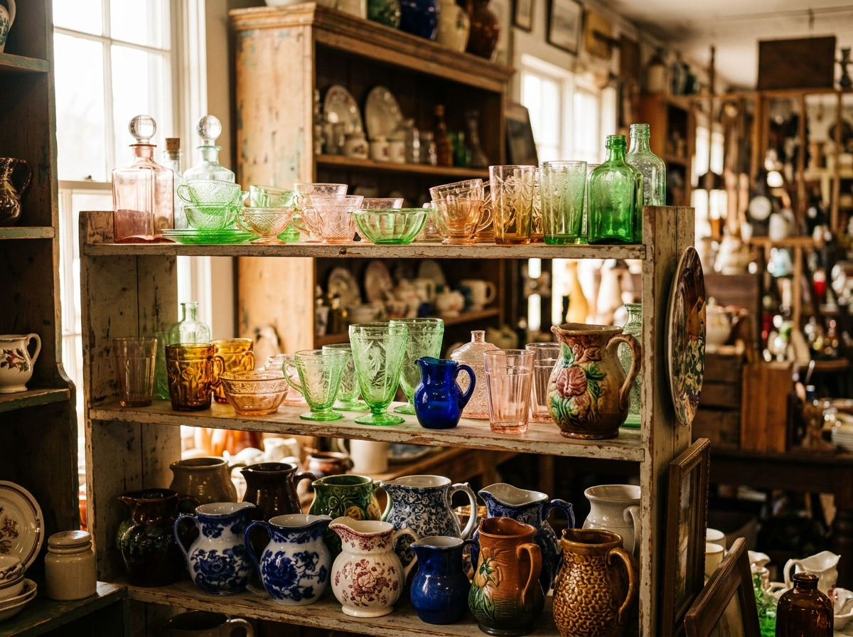 Shelves of vintage glassware and pottery glowing in window light