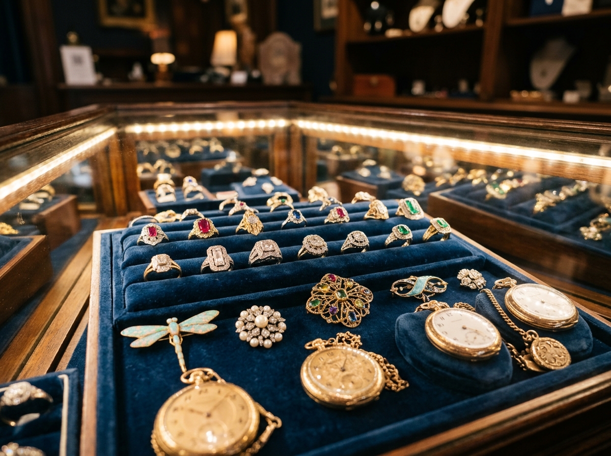 A glass case of estate jewelry and pocket watches