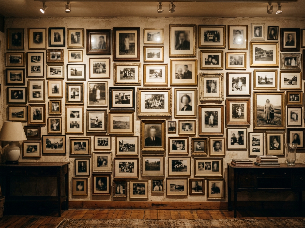 A wall of framed autographed celebrity photographs