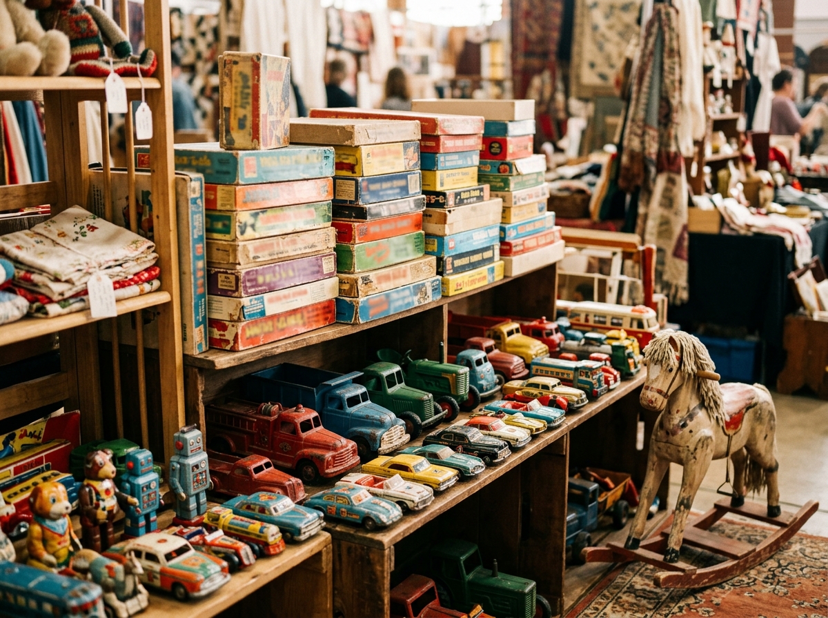 Vintage tin toys and pedal cars in an antique booth