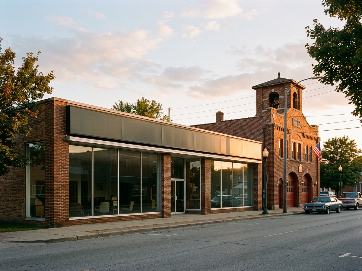 The broad brick storefront of the former Ford dealership that houses the mall