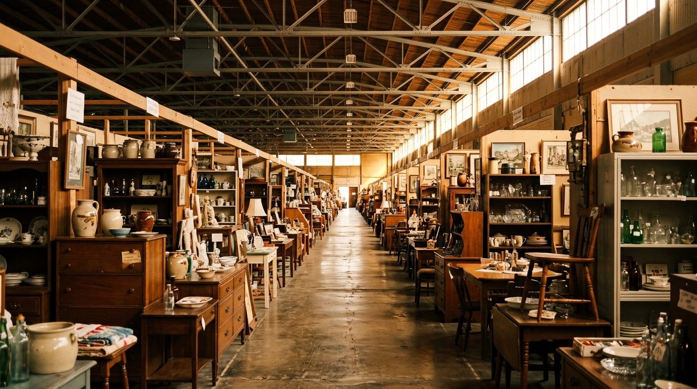 Sunlit aisles of antique booths stretching deep into the Waterloo Antique Mall